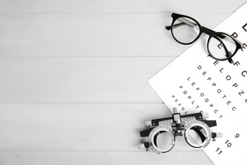 Trial frame, eye chart test, glasses and space for text on white wooden table. Ophthalmologist tools