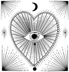 Mystical heart with eye. Moon. 
Secret societies and esoteric. Spiritual meaning. Alchemy. Old vintage style. Hand drawing. vector