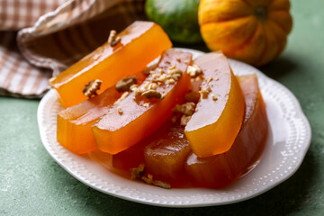 Wall Mural - Traditional delicious Turkish cuisine; Pumpkin dessert or jam (Turkish name; Kirecte kabak receli ya da kabak tatlisi)