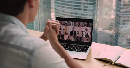 Sticker - Over businessman shoulder laptop screen view multi ethnic business partners involved group in negotiations by videoconference. Solve business remotely use easy comfort method, video call event concept