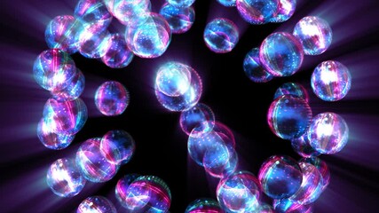 Wall Mural - Abstract background 3D animation shiny translucent bubbles and  spheres fluctuating in a space loop