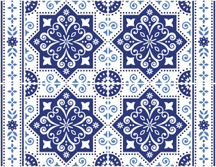  Portuguese Azulejo tile seamless vector pattern, retro design with frame or border, flowers, swirls and geometric shapes
