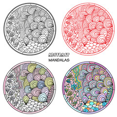 Wall Mural - Set. Zendala. Zentangle. Hand drawn circle mandala with abstract patterns on isolation background. Design for spiritual relaxation for adults. Line art. Black and white illustration for coloring.