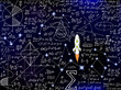 Scientific vector seamless background with handwritten mathematical and physical formulas, rocket, figures, plots and calculations