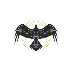 Wall Mural - mystic flying raven hand drawn silhouette vector illustration