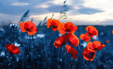 Fotomurales - Bright beautiful flowers of red poppies in field in evening lighting against backdrop on sky. Scarlet poppies glow at sunset in nature close-up.