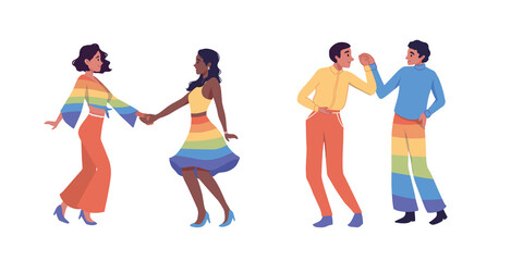 Gay homosexual couple dancing swing at class, party. Two men and women holding hands. Lgbt lesbian family romantic date. Homosexuality. LGBTQ+ people love, diversity, relationship, pride parade