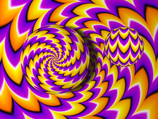 Wall Mural - orange and purple background with moving spheres. optical illusion of movement.