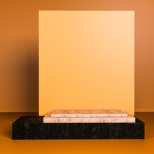 Background Podium Orange Black Abstract Minimalistic Geometry, Minimal Geometric Shapes Interior, Object Placement, Abstract Background Room, 3d Rendering 3d Illustration Wood Panel Box Display
