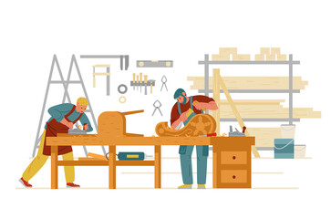 Carpenter Workshop Interior With Men Working. Carving On Wood, Making Furniture. Craftsman Flat Vector Characters. 