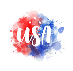 USA - handwritten lettering calligraphy. Abstract background with watercolor splashes in flag colors for United states of America. USA holiday - Independence day(4th of July), Veterans day, Labor day