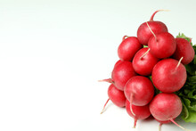 Fresh Red Radish On White Background, Space For Text