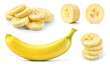 canvas print picture - Banana slice isolated. Cut bananas on white. Set of banana slices and a whole on white background.