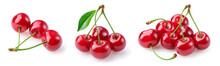 Cherry Isolated. Sour Cherry. Cherries With Leaves On White Background. Sour Cherri Set.
