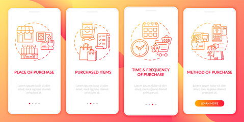 Consumer behavior patterns onboarding mobile app page screen with concepts. Purchase method walkthrough 4 steps graphic instructions. UI, UX, GUI vector template with linear color illustrations