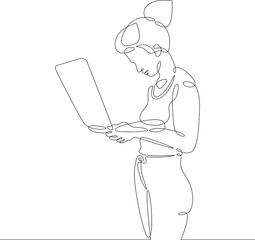 Wall Mural - Female character at the work table in the office. Workplace laptop designer programmer manager. One continuous drawing line  logo single hand drawn art doodle isolated minimal illustration.