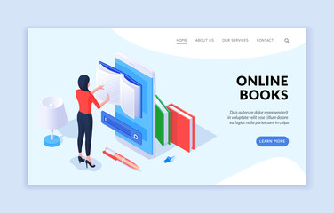 Wall Mural - online books concept isometric vector illustration. landing page website banner template. advertisin