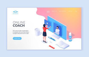 Wall Mural - online coach. landing page website banner template. isometric design of modern website banner with c