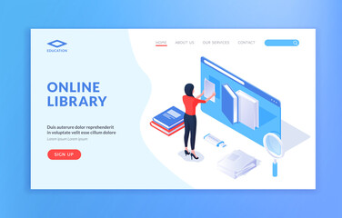 Wall Mural - online library concept. isometric vector template of modern landing page with female character using
