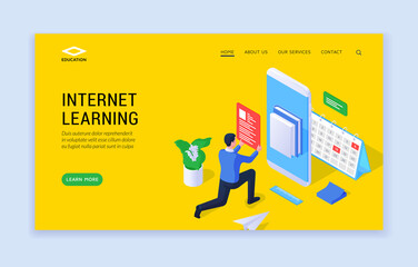 Wall Mural - internet learning concept. three dimensional landing page website template with male student using g