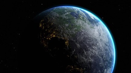Wall Mural - sunrise and shadow on the earth in space with star in universe. world realistic atmosphere 3d volume