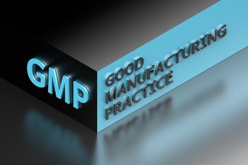 GMP abbreviation standing for good manufacturing practice written in dark metallic letters on isometric cube shape