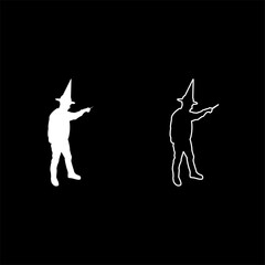 Sticker - Wizard holds magic wand trick Waving Sorcery concept Magician Sorcerer Fantasy person Warlock man in robe with magical stick Witchcraft in hat mantle Mage conjure Mystery idea Enchantment silhouette 