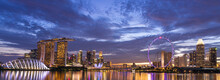 Wide Panorama Of Singapore Cityscape At Dusk.