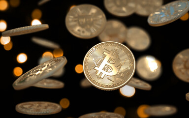 Gold Bitcoins on the air with black background. Concept of a cryptocurrency market. 3D illustration