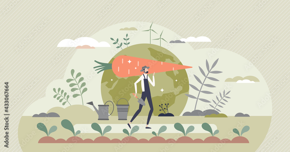 Sustainable agriculture and ecological slow food growth tiny person concept. Environmental gardening with clean energy resources consumption for biological vegetables farming vector illustration. - obrazy, fototapety, plakaty 