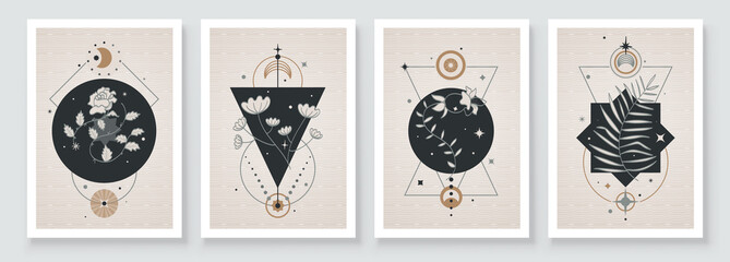 Wall Mural - Abstract contemporary art with celestial geometry shapes. Esoteric mystical celestial botanical sacred wall art. Wall decor painting. Minimalistic background design. Vector illustration.