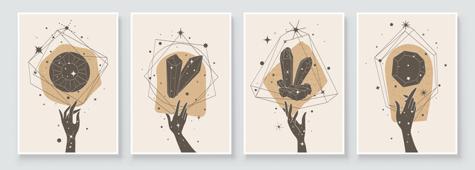 Wall Mural - Abstract contemporary art with crystal and gem geometry shapes. Esoteric mystical celestial sacred wall art with woman hand. Wall decor painting. Minimalistic background design. Vector illustration.