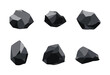 Collection of coal black mineral resources. Pieces of fossil stone. Polygonal shapes set. Black rock stones of graphite or charcoal. Energy resource charcoal icons