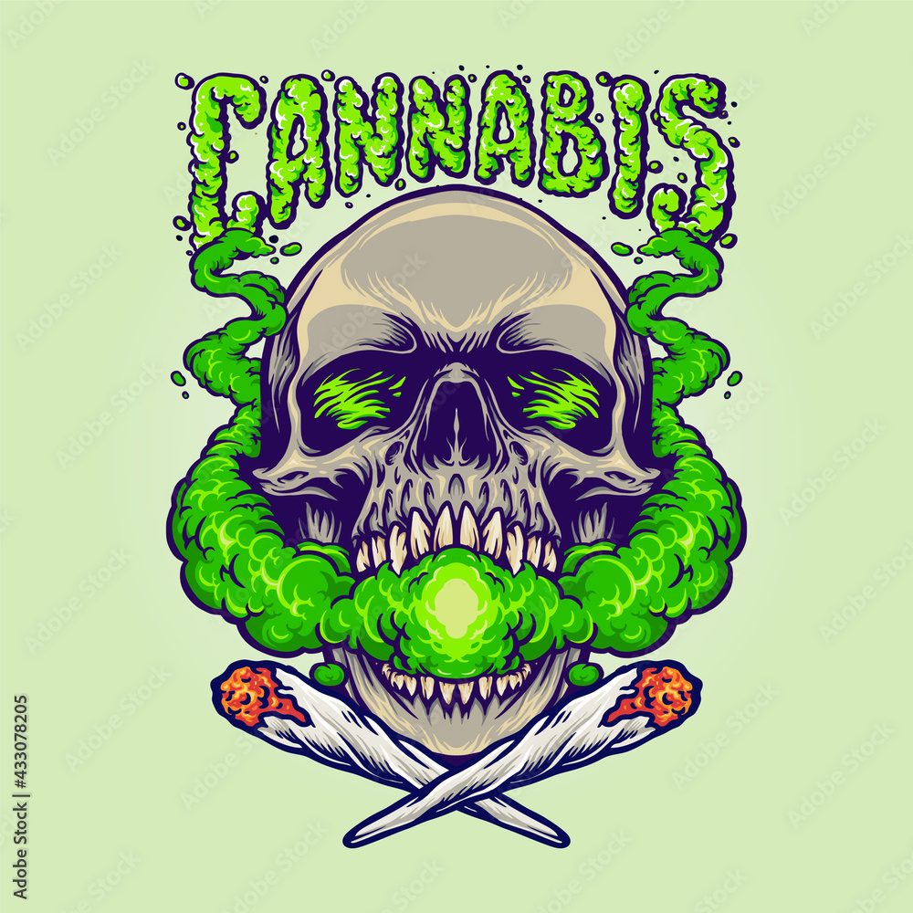 Skull Head Cannabis Clouds Smoking Marijuana Vector illustrations for ...
