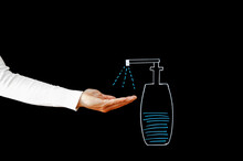 Woman Hand Disinfection. Bottle Illustration Drawing On A Black Chalkboard. Sanitize Your Hands Concept. Hand Soap Chalk Icon