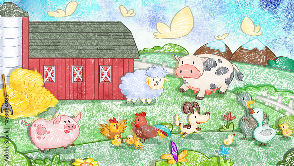 Farm Animals Barn Backdrop Background Cute oil pas | WallsHeaven | LittleWolrdArt