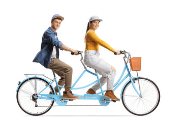 Poster - Guy and girl riding a tandem bicycle and looking at camera