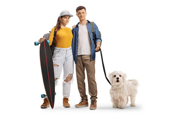 Canvas Print - Skater girl and a guy with a maltese poodle dog