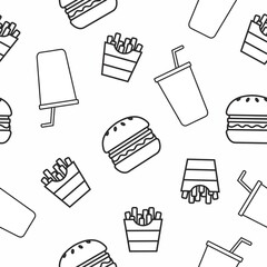 Burger, Fries and soda pattern. Vector seamless pattern or background with food