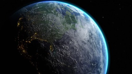 Wall Mural - sunrise and shadow on the earth in space with star in universe. world realistic atmosphere 3d volume
