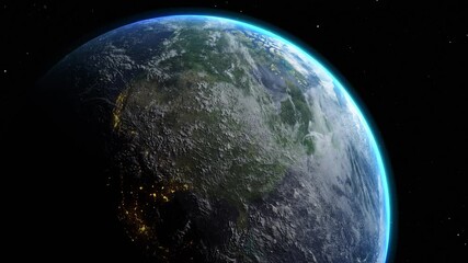 Wall Mural - sunrise and shadow on the earth in space with star in universe. world realistic atmosphere 3d volume
