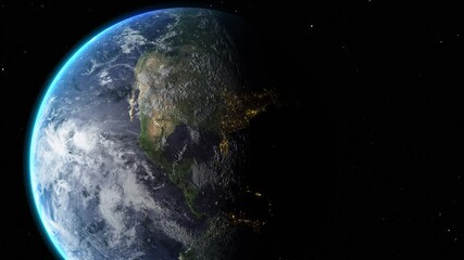 Wall Mural - sunrise and shadow on the earth in space with star in universe. world realistic atmosphere 3d volume