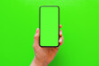 canvas print picture - Person holding mobile phone with green screen on green background