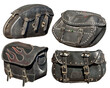 Black leather motorcycle bags. Biker gear isolated on former backgrounds. Handmade motorcycle bags.