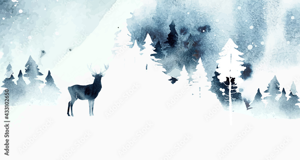 Vector de Stock Watercolor vector winter landscape with isolated ...