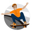 Smiling skateboarder riding a skateboard on a ramp. Vector illustration.