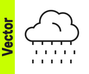 Sticker - Black line Cloud with rain icon isolated on white background. Rain cloud precipitation with rain drops. Vector