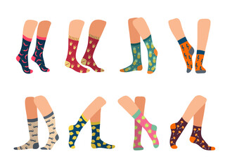 Wall Mural - Socks on feet. Active lifestyle socks on legs male and female underwear colorful textile woolen clothes recent vector pictures collection in flat style
