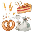 Watercolor baking elements: a piece of berry pie with jam, pretzel and crumb, a strainer for flour, ears of wheat, bags of flour and a bow made of rope for design in beige and red colors