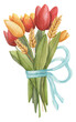 Delicate watercolor bouquet with tulips of yellow and red flowers with spikelets of wheat decorated with a gentle blue ribbon